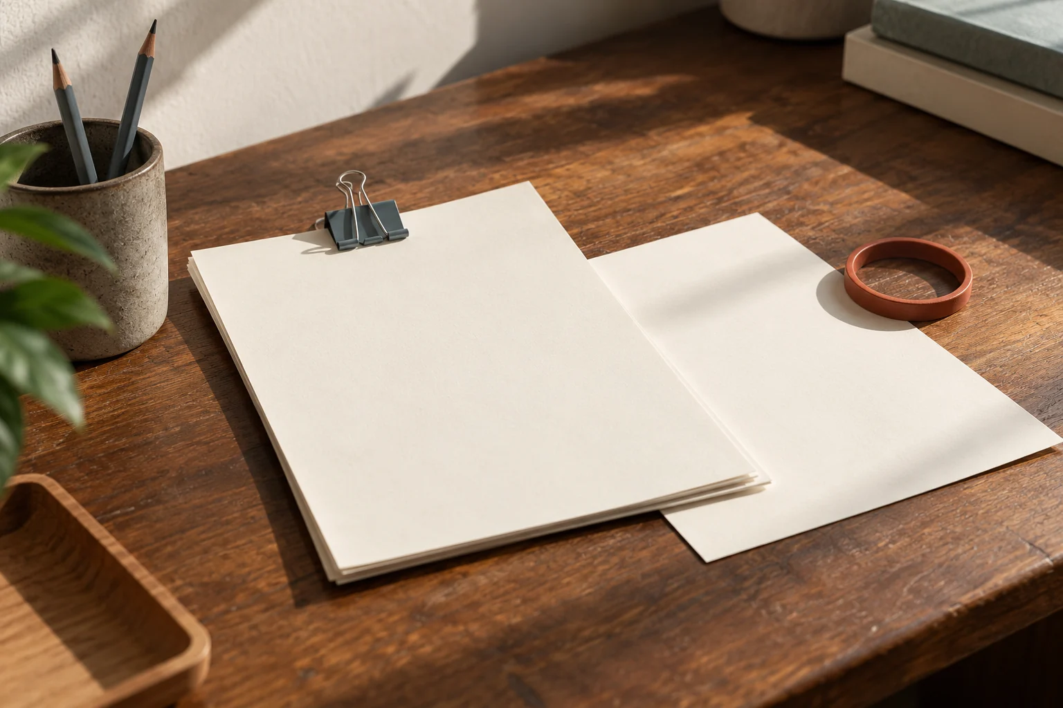 Two blank document layers with a slate clip and a terracotta ring