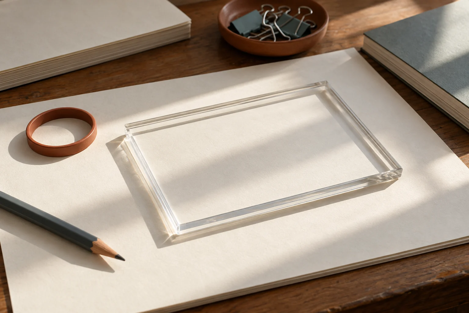 A clear rectangular frame lying over blank observation paper