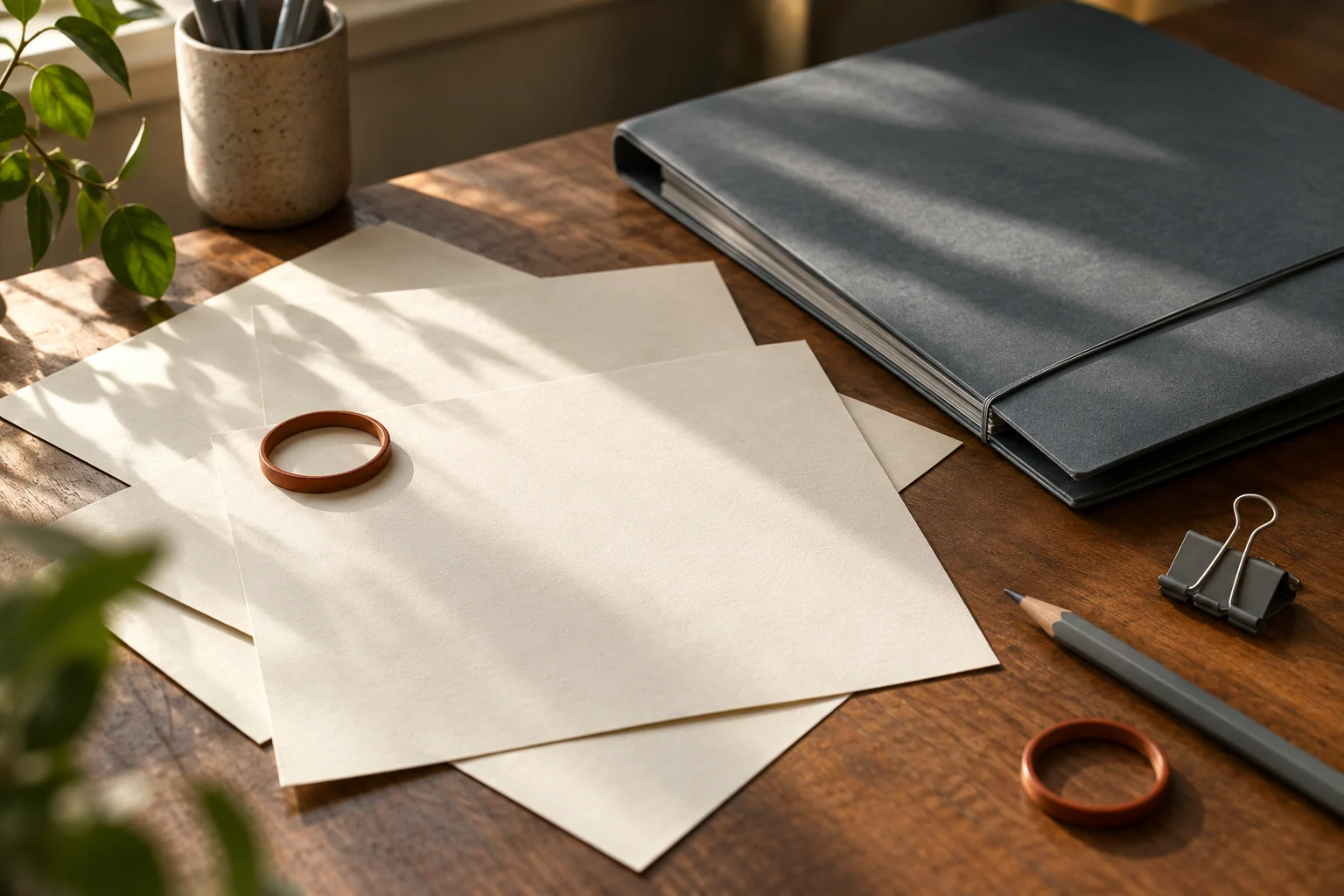 Loose unmarked note leaves kept apart from a closed reference folder